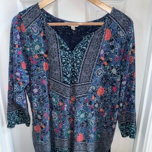 Lucky Brand Blouse 3/4 Sleeve Flowy Womens 1X Blue Purple Floral Boho Peasant